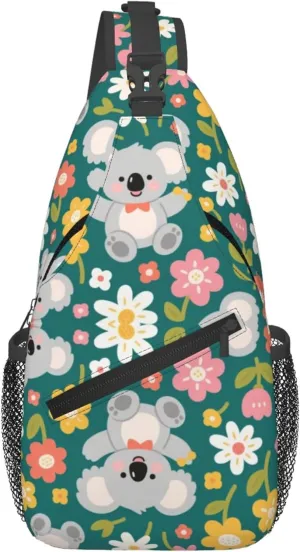 Ultra Lightweight Sling Shoulder Backpack Shoulder Crossbody Bag Chest Pack Multipurpose Anti-Theft Daypack for Outdoors Camping Hiking Trekking, Cute Koala And Flowers Art