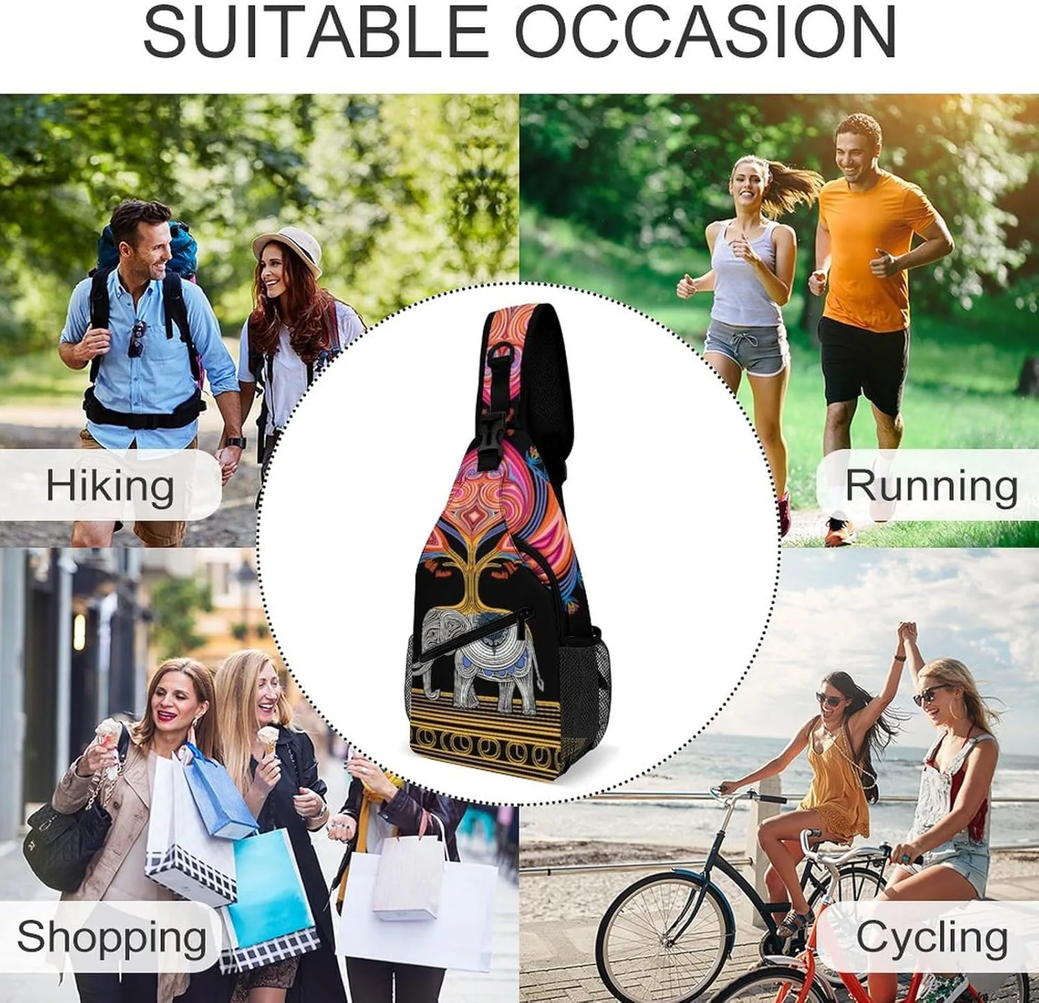 Ultra Lightweight Sling Shoulder Backpack Shoulder Crossbody Bag Chest Pack Multipurpose Anti-Theft Daypack for Outdoors Camping Hiking Trekking, Elephant Tree Lucky Art