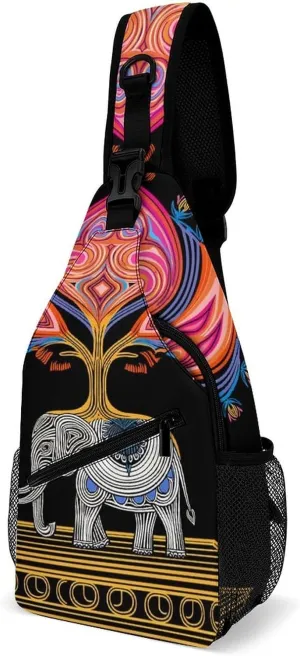 Ultra Lightweight Sling Shoulder Backpack Shoulder Crossbody Bag Chest Pack Multipurpose Anti-Theft Daypack for Outdoors Camping Hiking Trekking, Elephant Tree Lucky Art