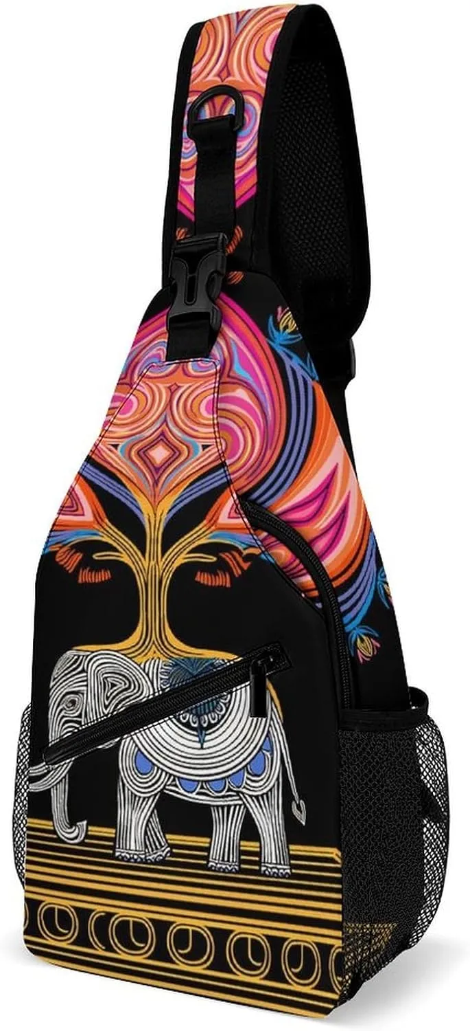 Ultra Lightweight Sling Shoulder Backpack Shoulder Crossbody Bag Chest Pack Multipurpose Anti-Theft Daypack for Outdoors Camping Hiking Trekking, Elephant Tree Lucky Art