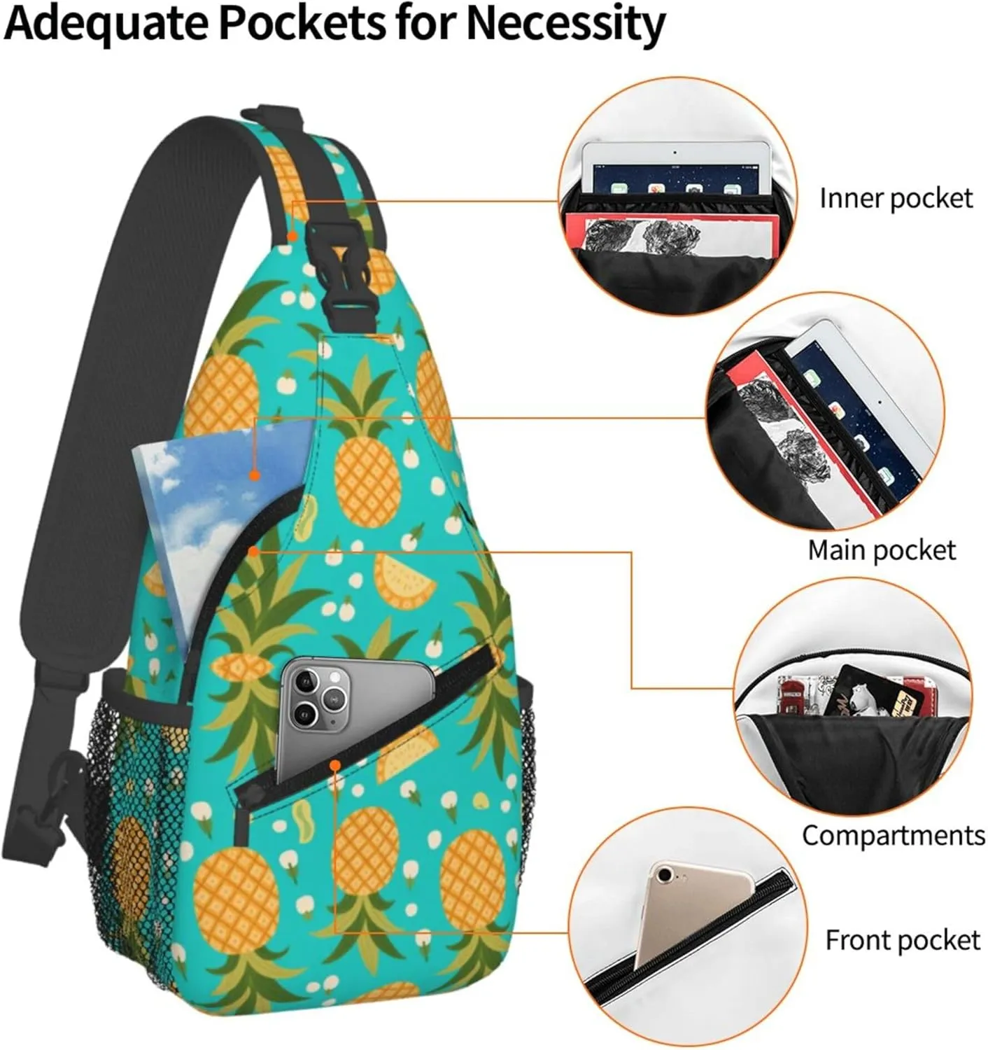 Ultra Lightweight Sling Shoulder Backpack Shoulder Crossbody Bag Chest Pack Multipurpose Anti-Theft Daypack for Outdoors Camping Hiking Trekking, Hawaiian Tropical Pineapple Art