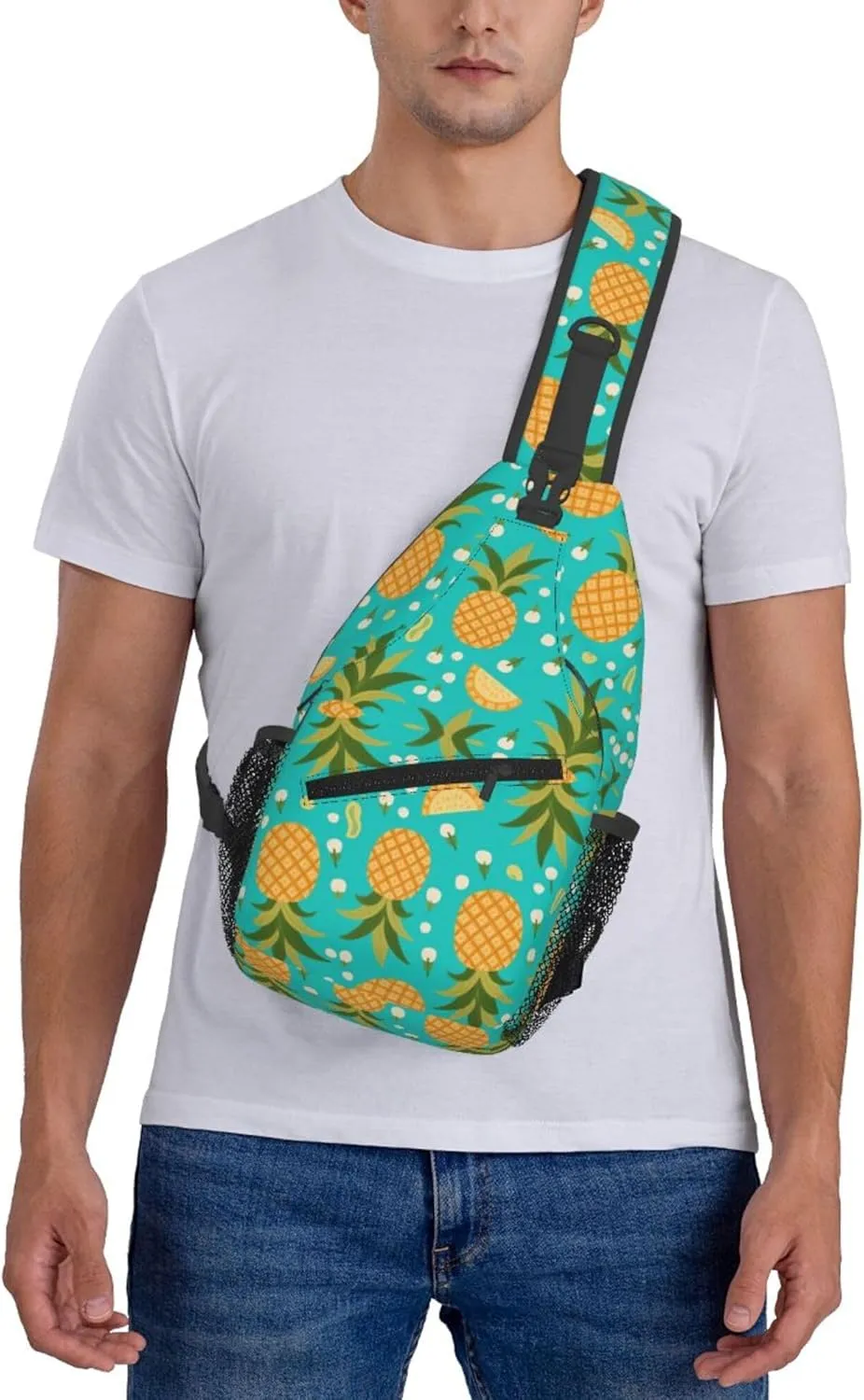 Ultra Lightweight Sling Shoulder Backpack Shoulder Crossbody Bag Chest Pack Multipurpose Anti-Theft Daypack for Outdoors Camping Hiking Trekking, Hawaiian Tropical Pineapple Art
