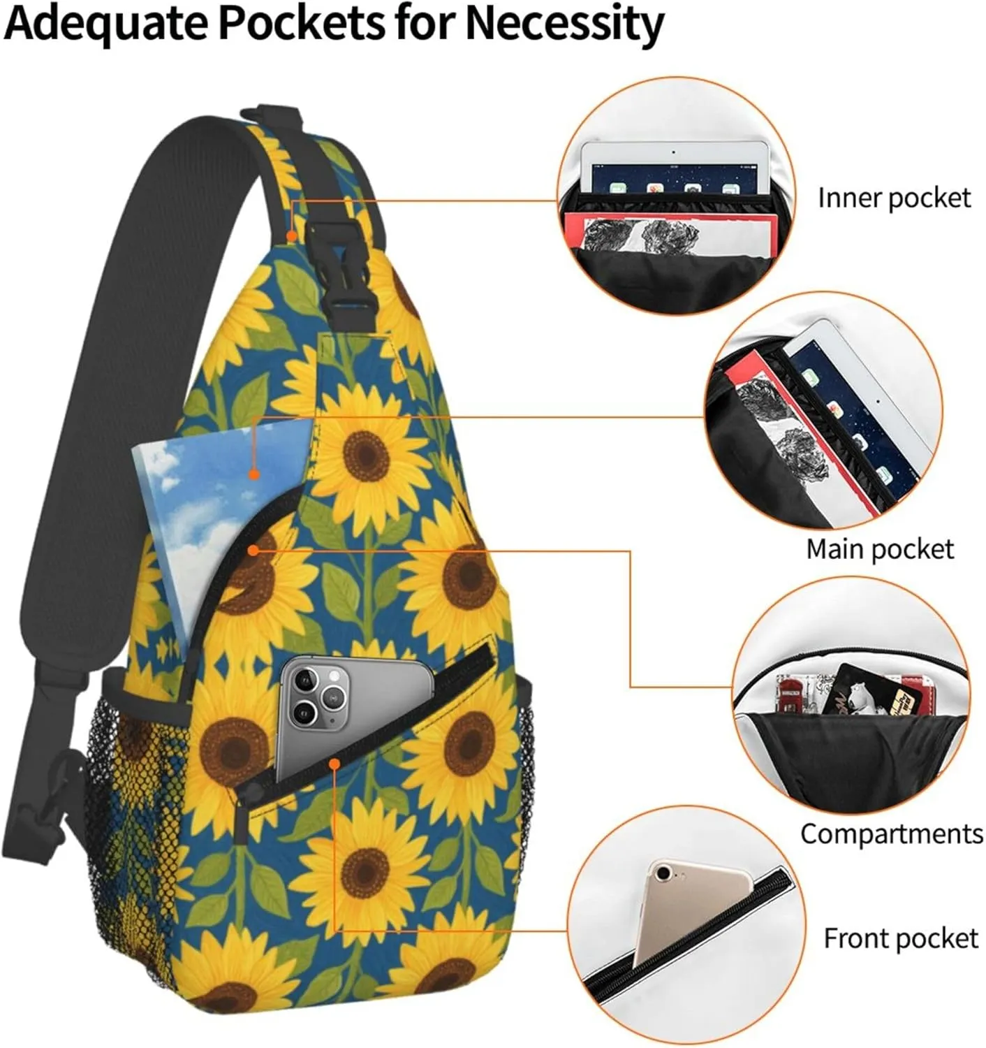 Ultra Lightweight Sling Shoulder Backpack Shoulder Crossbody Bag Chest Pack Multipurpose Anti-Theft Daypack for Outdoors Camping Hiking Trekking, Rustic Sunflower Art