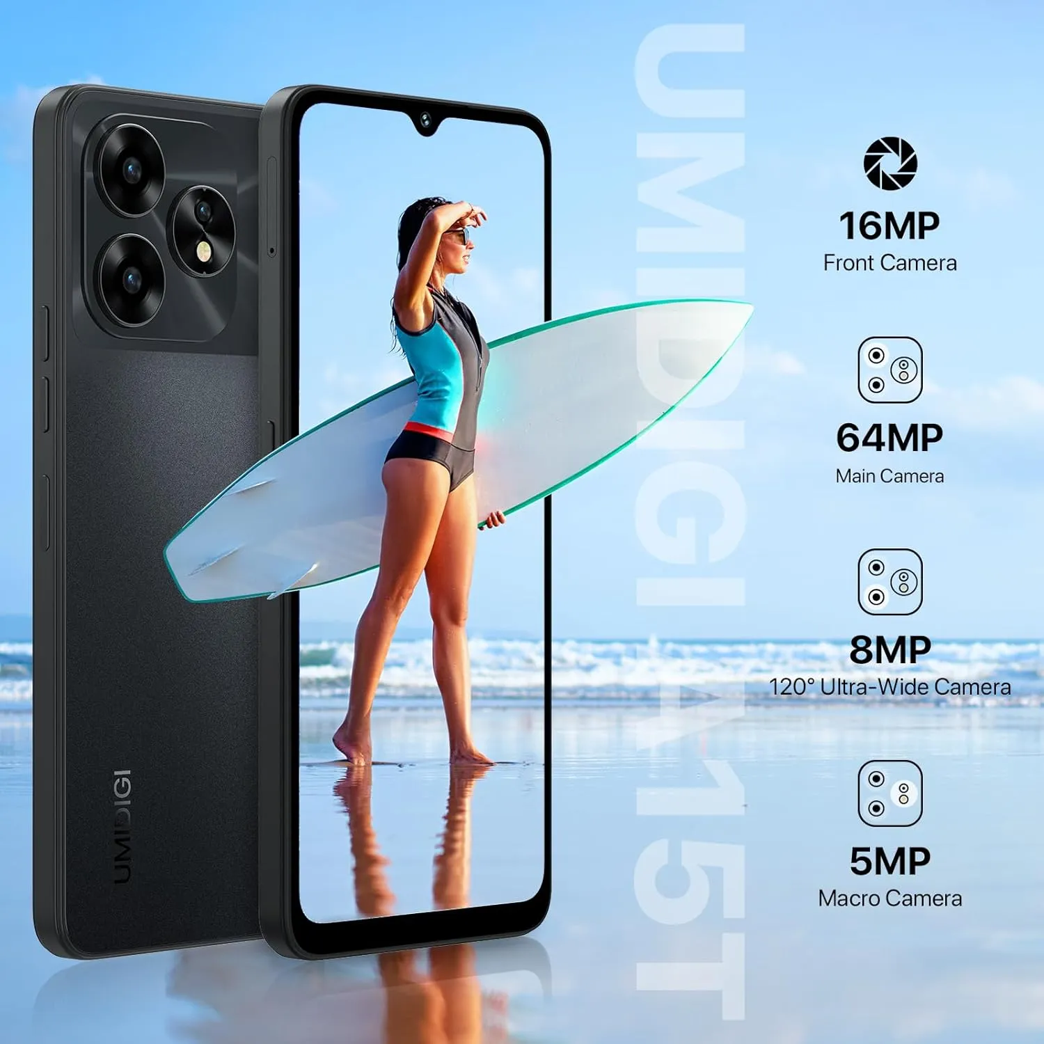 UMIDIGI Unlocked Android Phones, A15T Smartphones, 5000mAh (8 8) 128GB/TF 1TB Expand, Ultra-Slim 6.7" Screen Mobile Phones, Android 13 NFC GPS, 64MP AI Camera 4G Dual SIM Unlocked Cell Phone, Black