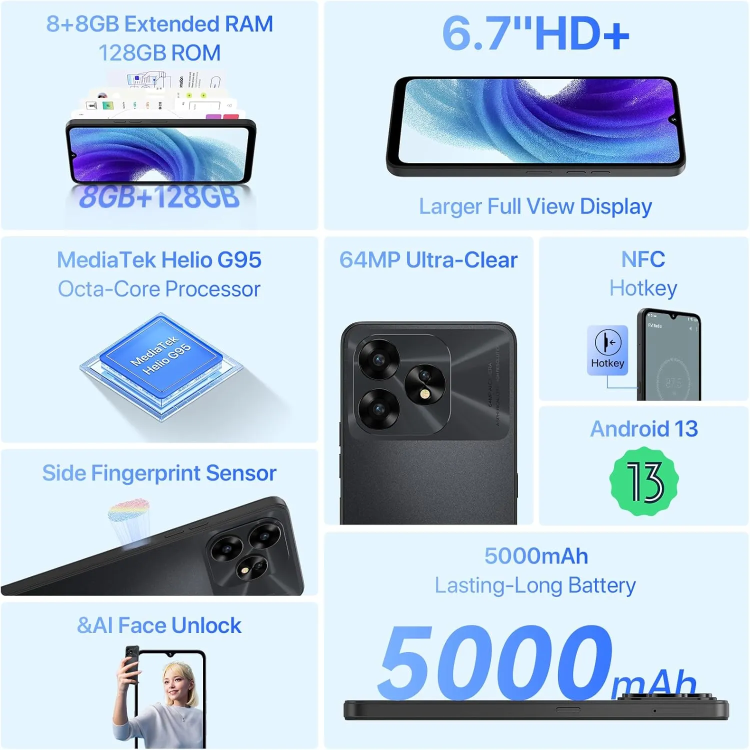 UMIDIGI Unlocked Android Phones, A15T Smartphones, 5000mAh (8 8) 128GB/TF 1TB Expand, Ultra-Slim 6.7" Screen Mobile Phones, Android 13 NFC GPS, 64MP AI Camera 4G Dual SIM Unlocked Cell Phone, Black