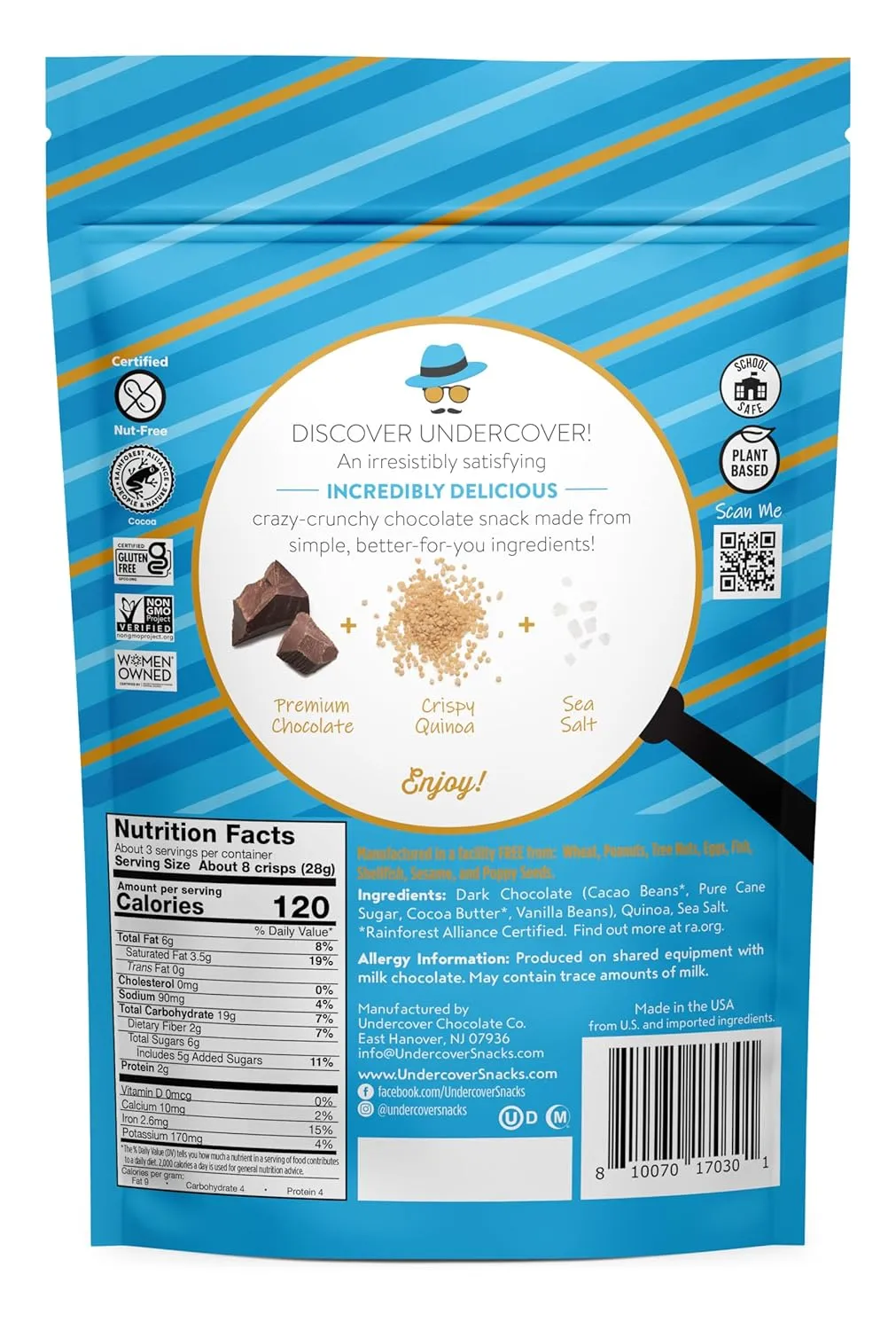 Undercover Chocolate Quinoa Crisps - Dark Chocolate   Sea Salt Quinoa Crisps | 7-Pack, 3oz Bags of Mini Crisps | Gluten Free, Nut-Free, Allergen Friendly, Kosher, Plant-Based