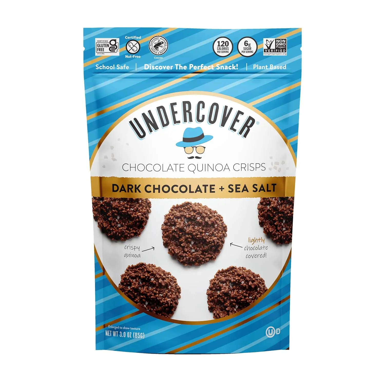 Undercover Chocolate Quinoa Crisps - Dark Chocolate   Sea Salt Quinoa Crisps | 7-Pack, 3oz Bags of Mini Crisps | Gluten Free, Nut-Free, Allergen Friendly, Kosher, Plant-Based