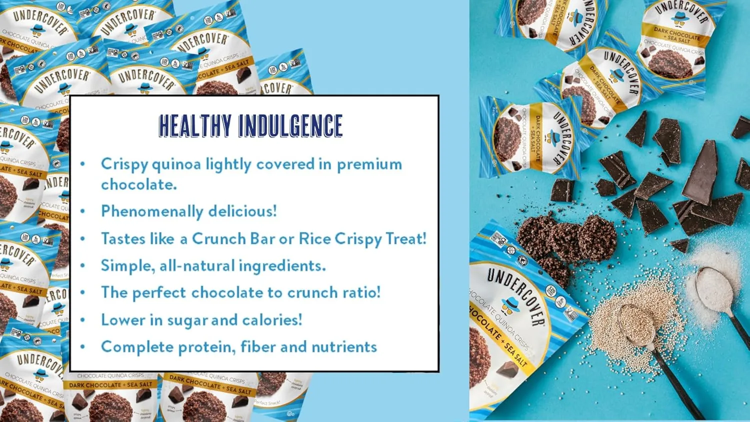 Undercover Chocolate Quinoa Crisps - Dark Chocolate   Sea Salt Quinoa Crisps | 7-Pack, 3oz Bags of Mini Crisps | Gluten Free, Nut-Free, Allergen Friendly, Kosher, Plant-Based