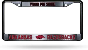 University of Arkansas Woo Pig Sooie NCAA SEC Premium Zinc Alloy License Plate Frame- 2 Screw Hole Tag Holder- Team Cheer with Black Background and Team Colors Complement Any Color Truck SUV Car
