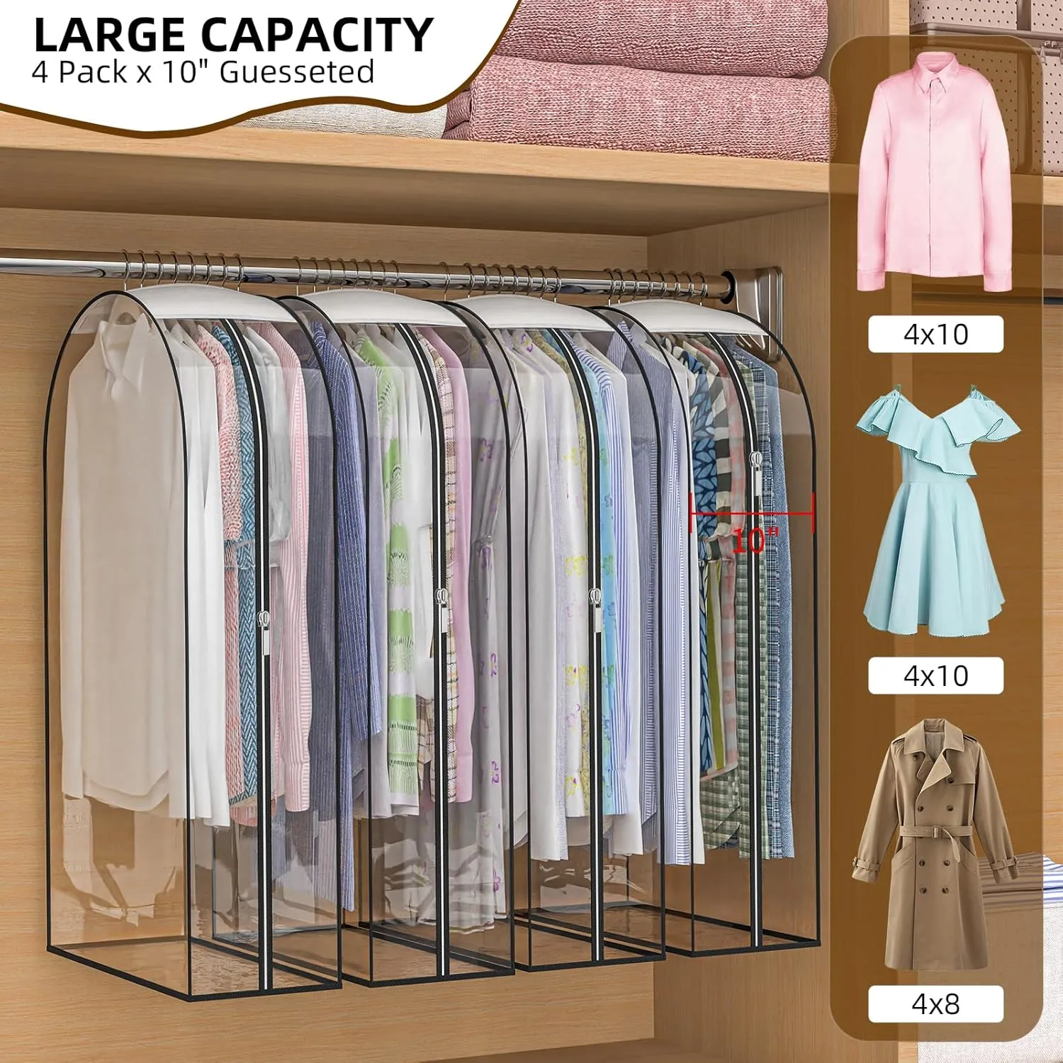 Upgraded Thickened Clear Garment Bags for Hanging Clothes 4 Packs, 10“ Gusseted Clothes Hanging Storage Bags for Closet, Shirts, Coats, Dresses (32 inch)