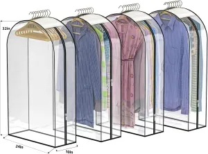 Upgraded Thickened Clear Garment Bags for Hanging Clothes 4 Packs, 10“ Gusseted Clothes Hanging Storage Bags for Closet, Shirts, Coats, Dresses (32 inch)