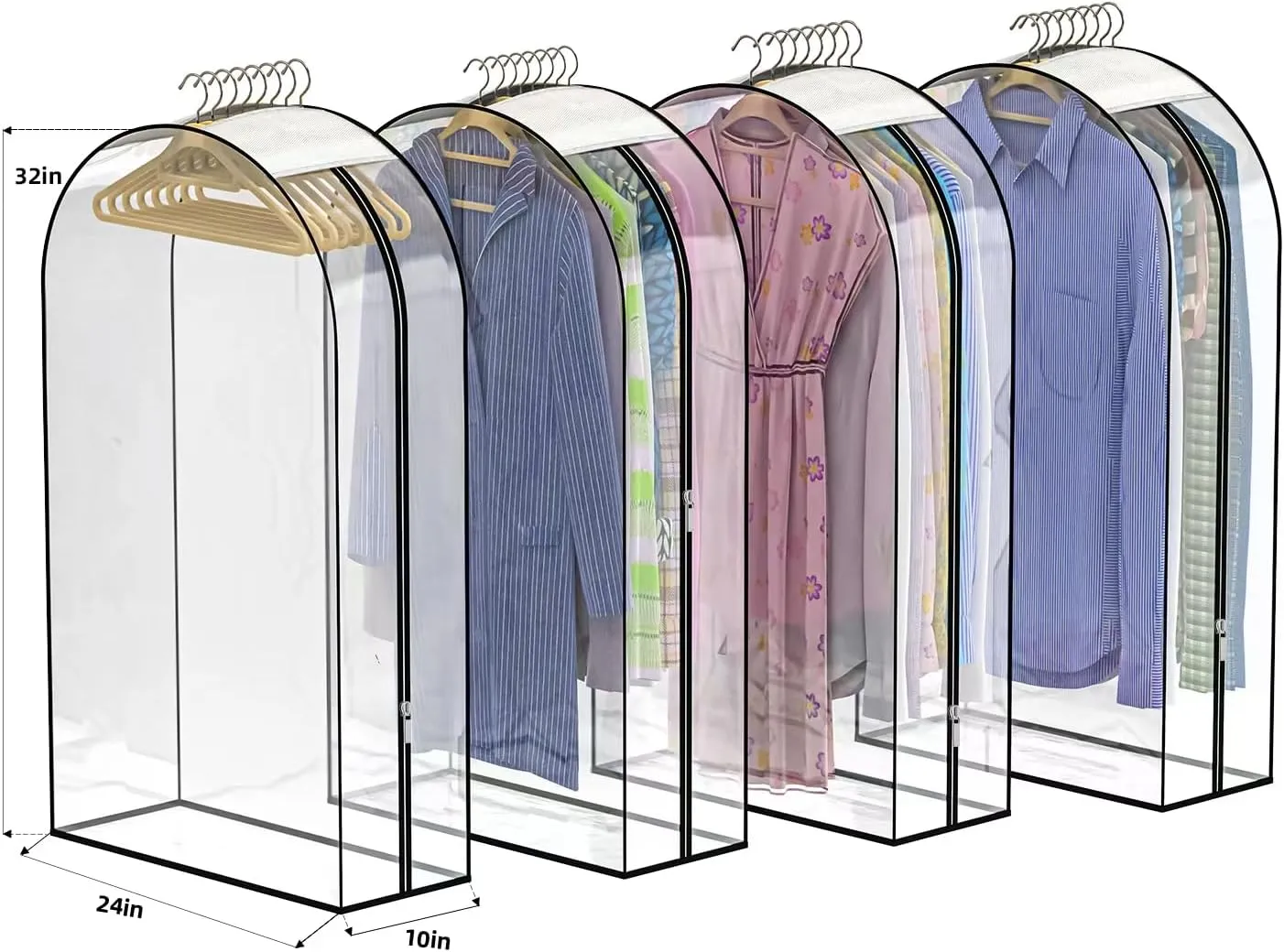 Upgraded Thickened Clear Garment Bags for Hanging Clothes 4 Packs, 10“ Gusseted Clothes Hanging Storage Bags for Closet, Shirts, Coats, Dresses (32 inch)