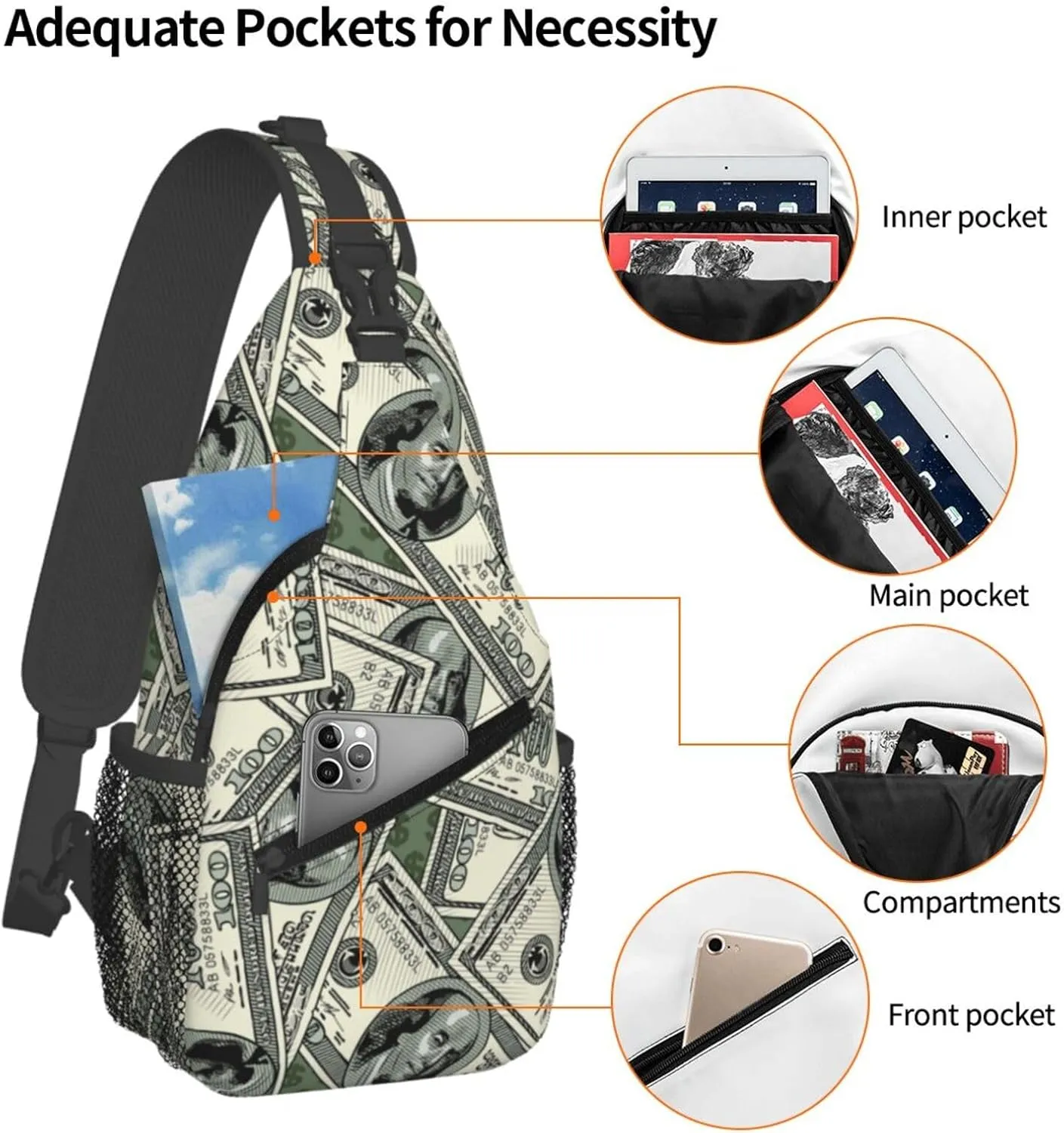 Us Bill Dollars Money Sling Backpack Chest Bag Crossbody Shoulder Bag Gym Cycling Travel Hiking Daypack For Men Women