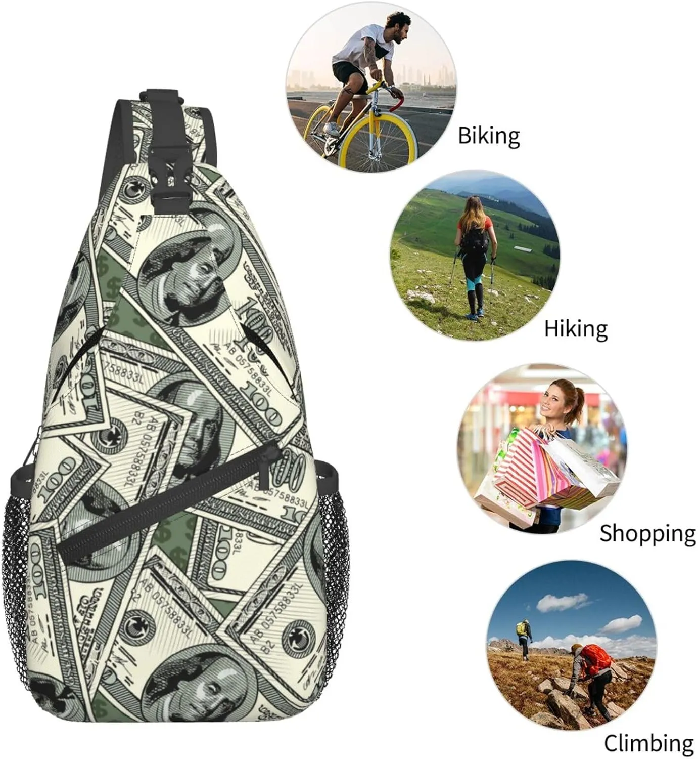 Us Bill Dollars Money Sling Backpack Chest Bag Crossbody Shoulder Bag Gym Cycling Travel Hiking Daypack For Men Women