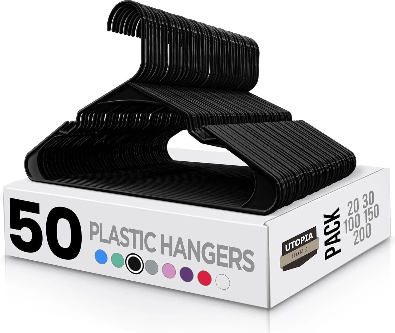 Utopia Home Plastic Hangers 50 Pack - Perfect Space Saving Clothes Hanger - Durable and Strong - Perfect Closet Organizers with Shoulder Grooves (Black)