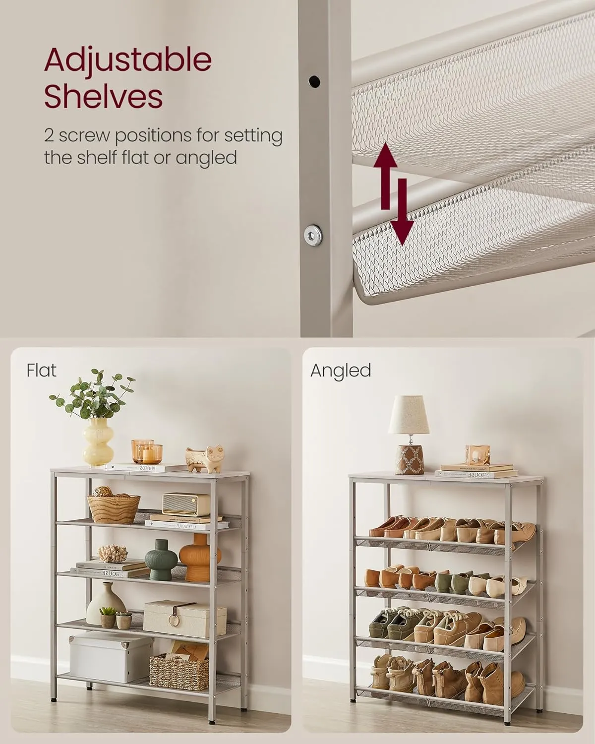 VASAGLE Shoe Rack for Entryway, 5-Tier Shoe Rack Organizer with Storage Shelves and Spacious Top, Freestanding, Adjustable, Industrial, Cappuccino Beige and Oatmeal Beige ULBS038L01
