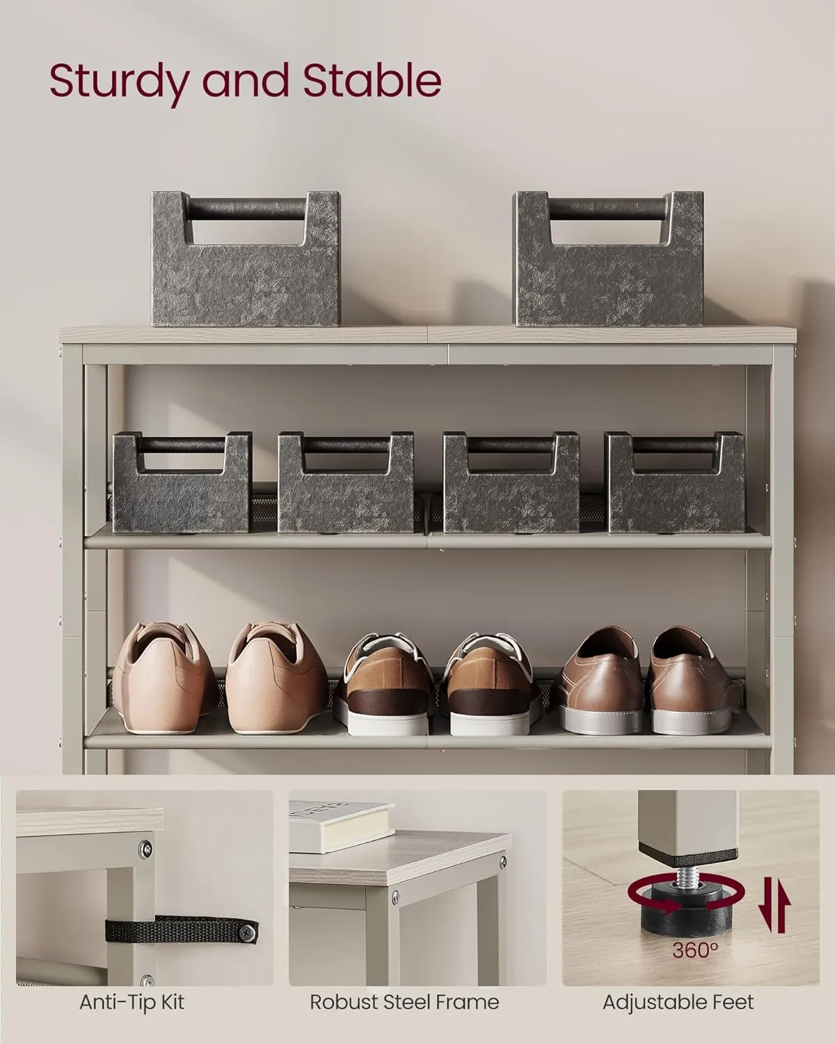 VASAGLE Shoe Rack for Entryway, 5-Tier Shoe Rack Organizer with Storage Shelves and Spacious Top, Freestanding, Adjustable, Industrial, Cappuccino Beige and Oatmeal Beige ULBS038L01