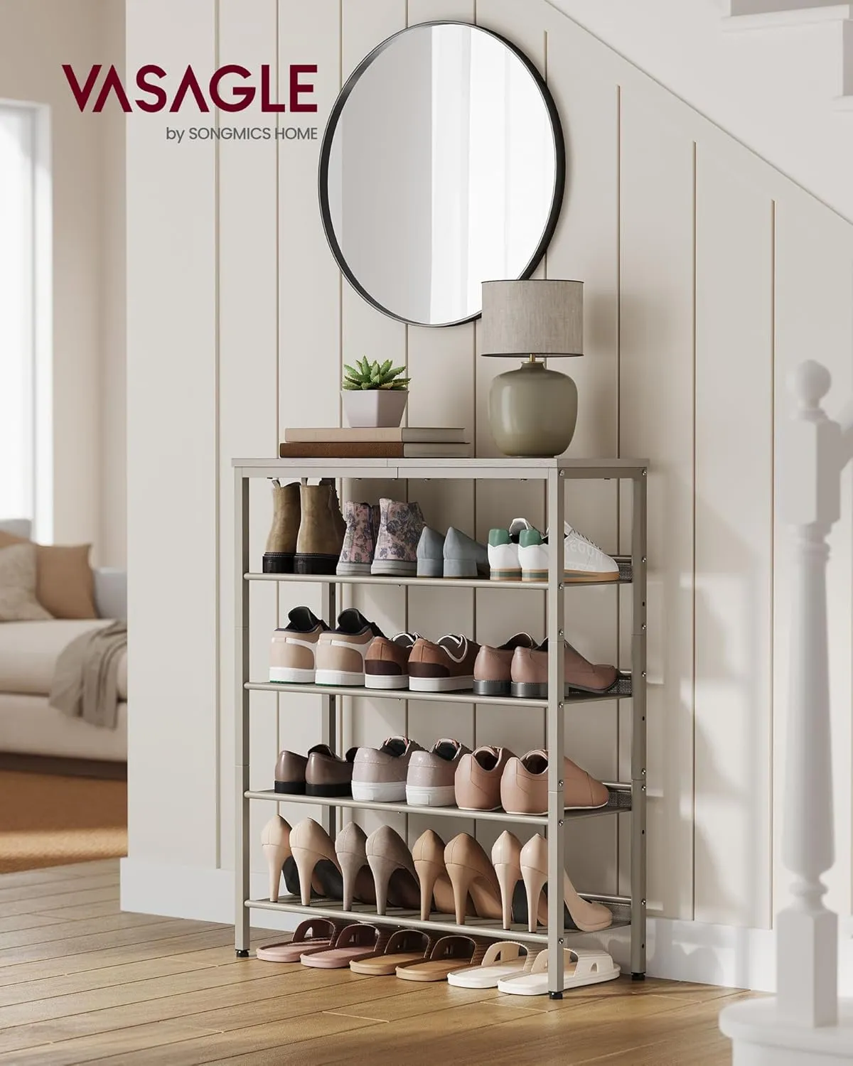 VASAGLE Shoe Rack for Entryway, 5-Tier Shoe Rack Organizer with Storage Shelves and Spacious Top, Freestanding, Adjustable, Industrial, Cappuccino Beige and Oatmeal Beige ULBS038L01