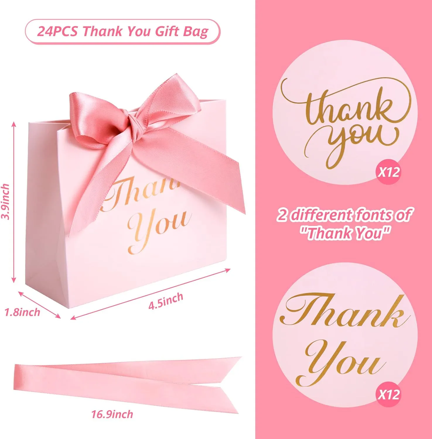 VGOODALL 24PCS Thank You Gift Bags, 4.5x3.9x1.8Inches Mini Party Favor Bags Pink Treat Boxes with Bow Ribbon for Wedding Bridal Baby Shower Birthday Party