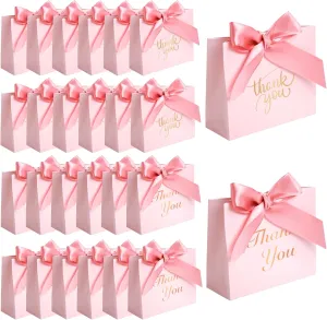 VGOODALL 24PCS Thank You Gift Bags, 4.5x3.9x1.8Inches Mini Party Favor Bags Pink Treat Boxes with Bow Ribbon for Wedding Bridal Baby Shower Birthday Party
