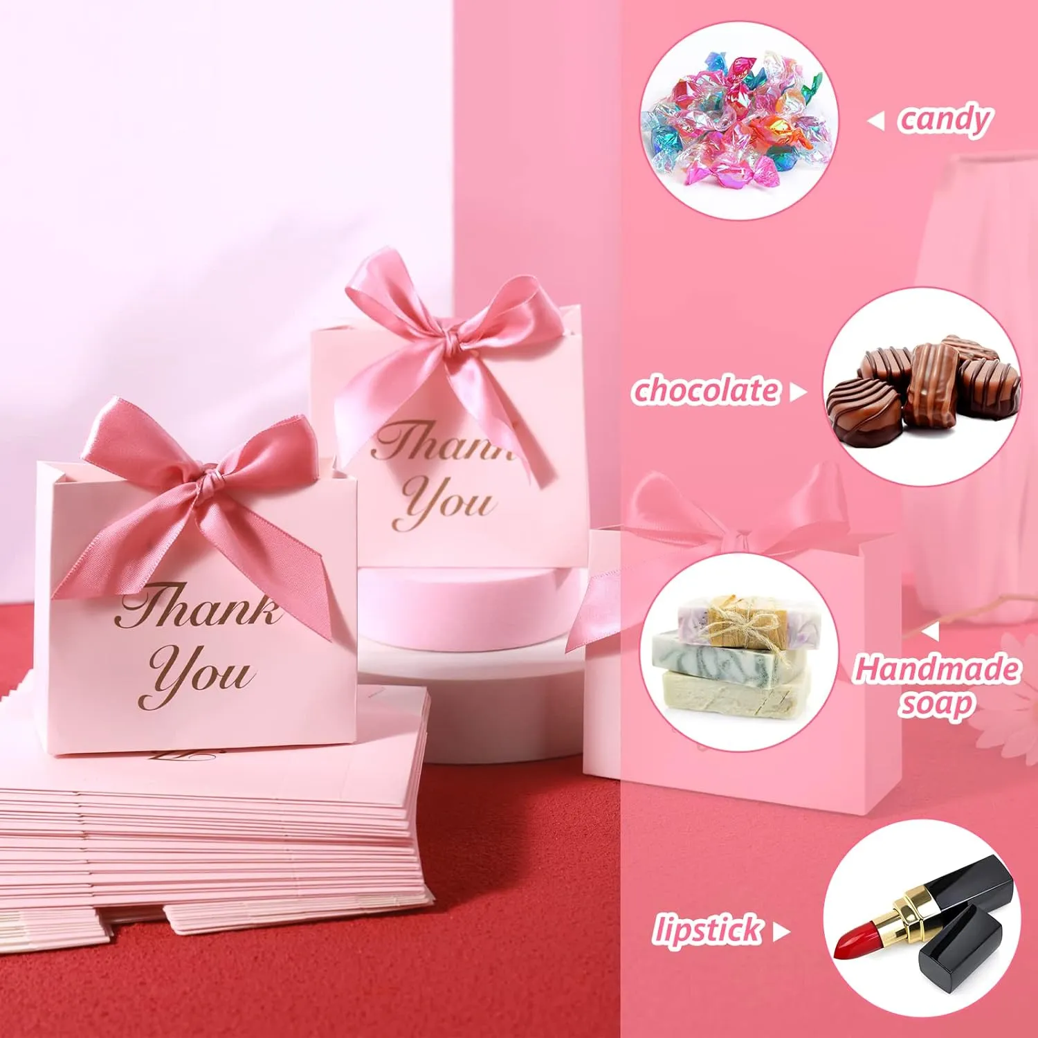 VGOODALL 24PCS Thank You Gift Bags, 4.5x3.9x1.8Inches Mini Party Favor Bags Pink Treat Boxes with Bow Ribbon for Wedding Bridal Baby Shower Birthday Party