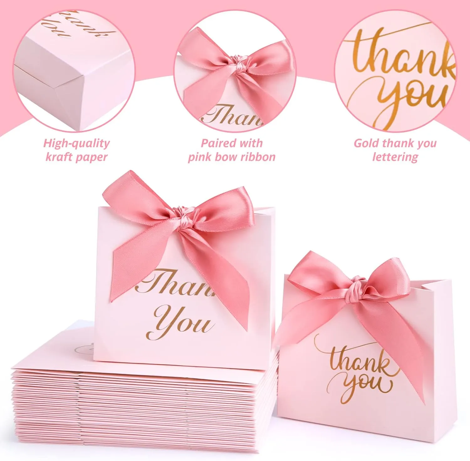 VGOODALL 24PCS Thank You Gift Bags, 4.5x3.9x1.8Inches Mini Party Favor Bags Pink Treat Boxes with Bow Ribbon for Wedding Bridal Baby Shower Birthday Party