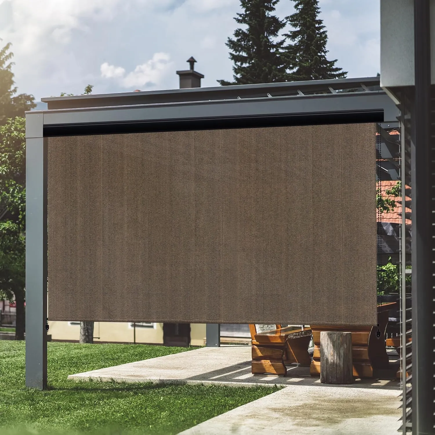 VICLLAX Premium Outdoor Roller Shade, 95% Patio Roll up Blinds with Weather Resistant Valance 7x8FT,Mocha