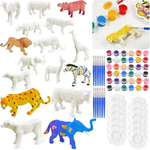 Vileafy Safari Animals Party Favors for Kids Ages 4-8 Years Old, 12 Set Painting Craft Kits Include 12 Animals Figures, 12 Paintbrushes, 12 Palettes, 36 Colors Pigments (Animals)