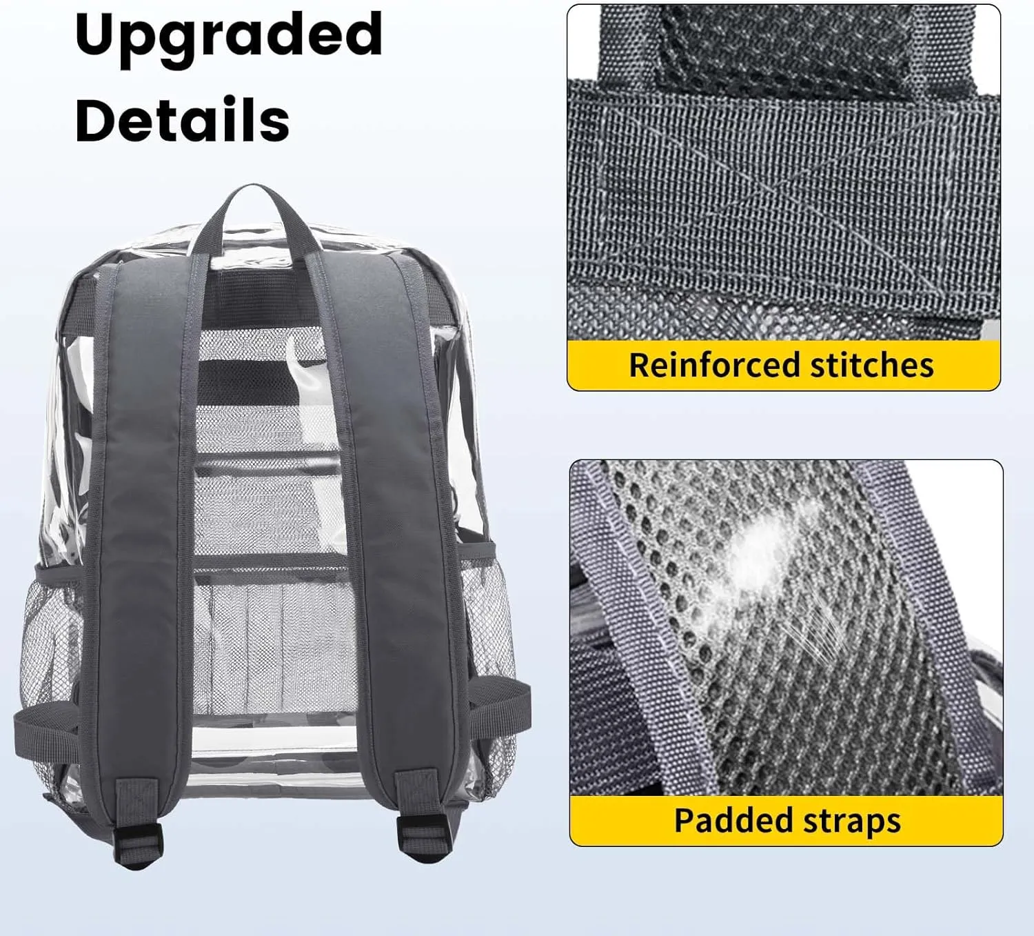 Vorspack Clear Backpack Heavy Duty PVC Transparent Backpack with Reinforced Strap Stitches & Large Capacity for College Workplace Security - Grey