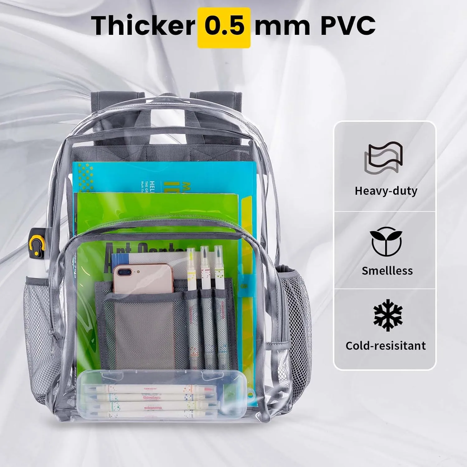 Vorspack Clear Backpack Heavy Duty PVC Transparent Backpack with Reinforced Strap Stitches & Large Capacity for College Workplace Security - Grey