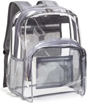 Vorspack Clear Backpack Heavy Duty PVC Transparent Backpack with Reinforced Strap Stitches & Large Capacity for College Workplace Security - Grey