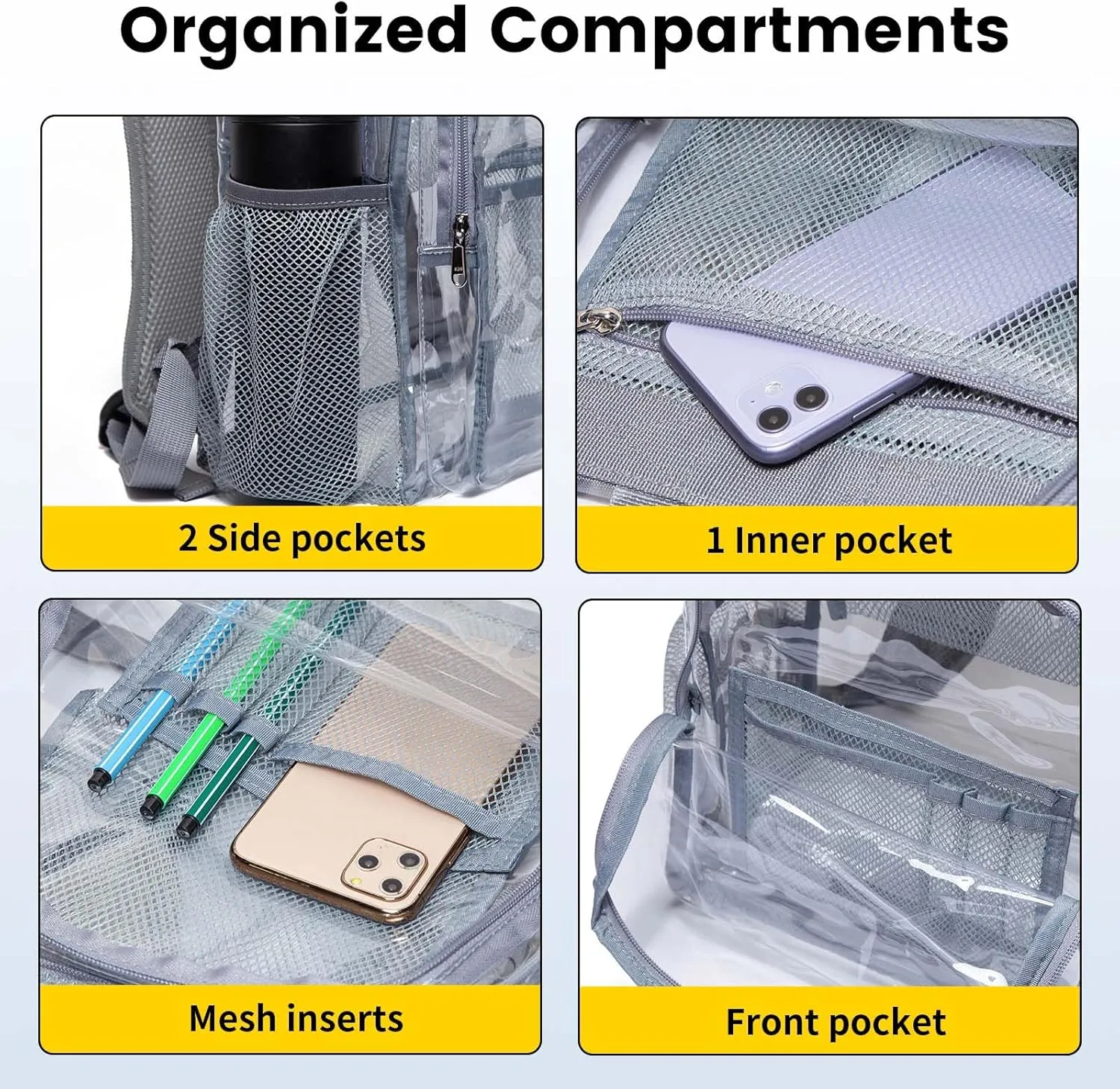 Vorspack Clear Backpack Heavy Duty PVC Transparent Backpack with Reinforced Strap Stitches & Large Capacity for College Workplace Security - Grey