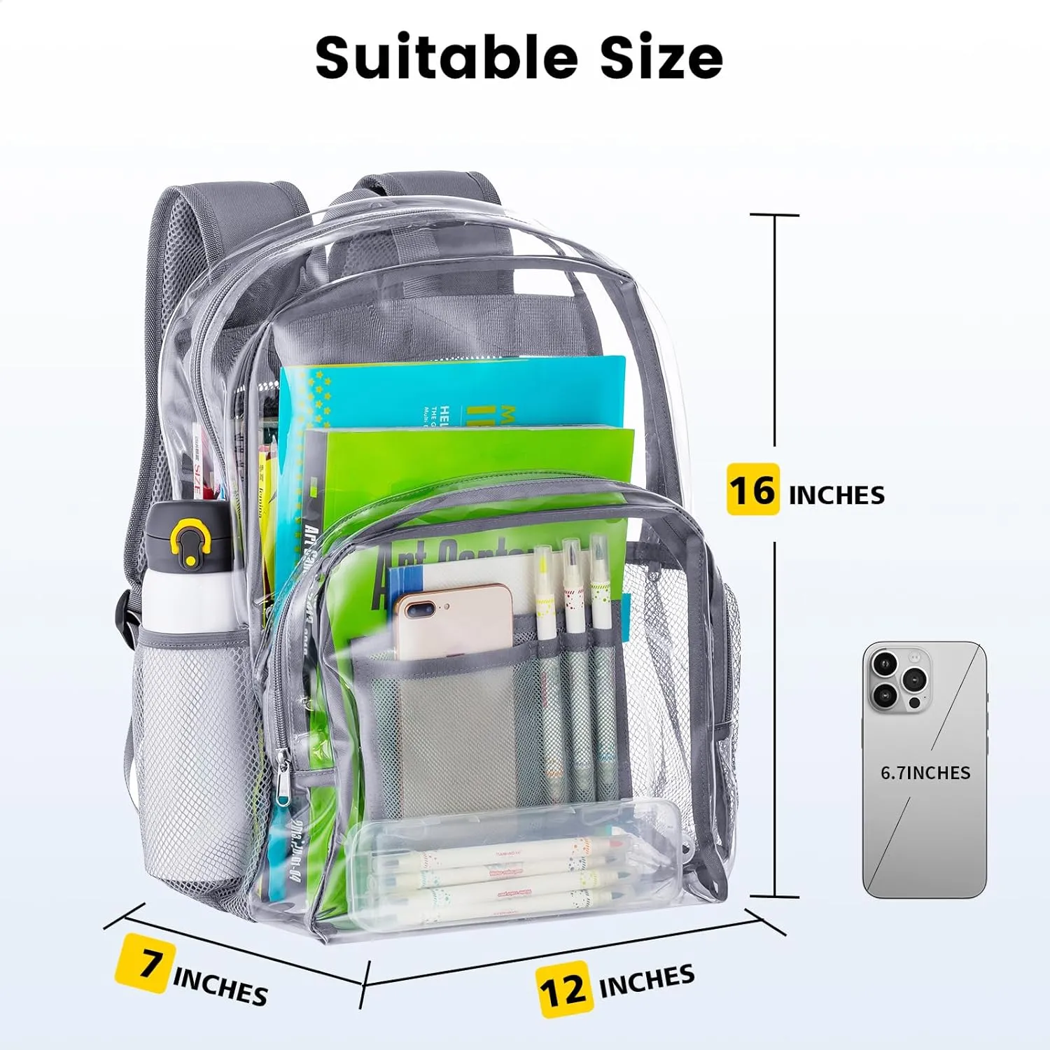 Vorspack Clear Backpack Heavy Duty PVC Transparent Backpack with Reinforced Strap Stitches & Large Capacity for College Workplace Security - Grey