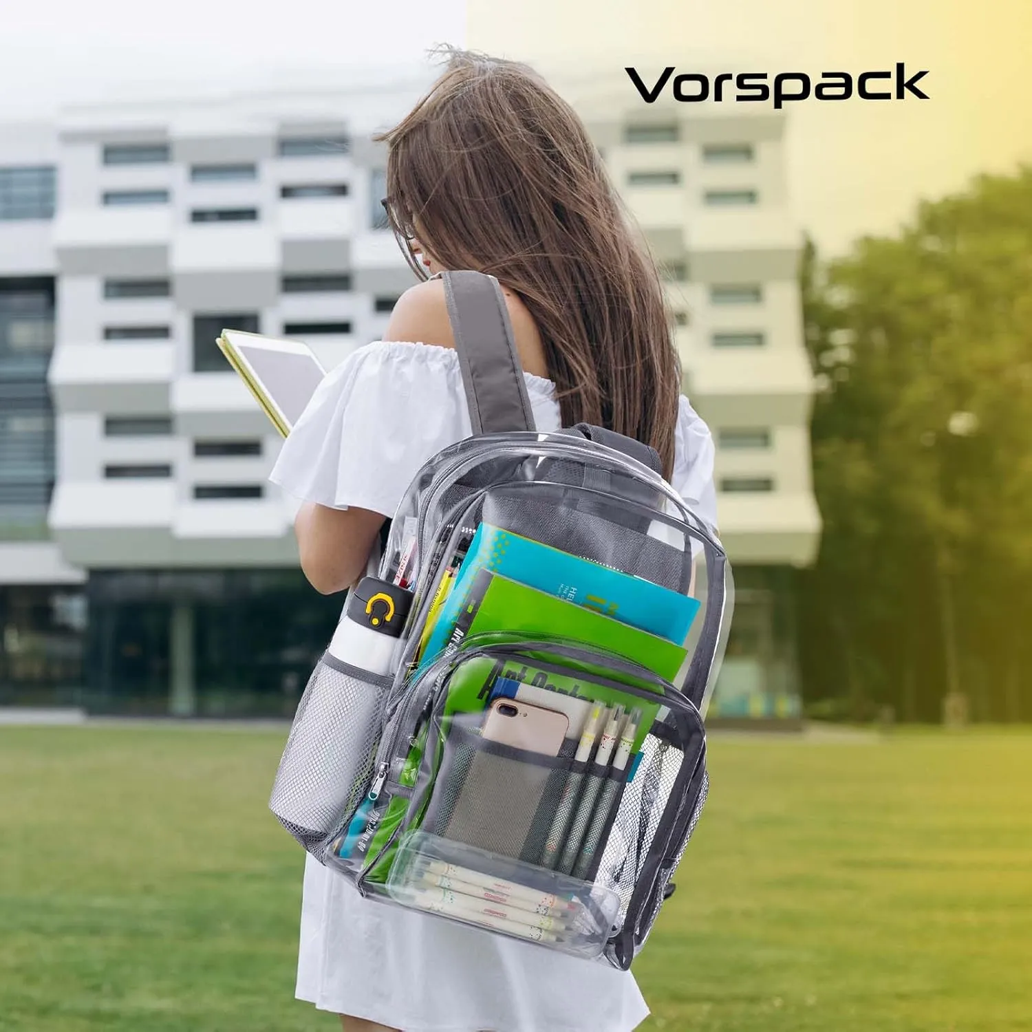Vorspack Clear Backpack Heavy Duty PVC Transparent Backpack with Reinforced Strap Stitches & Large Capacity for College Workplace Security - Grey