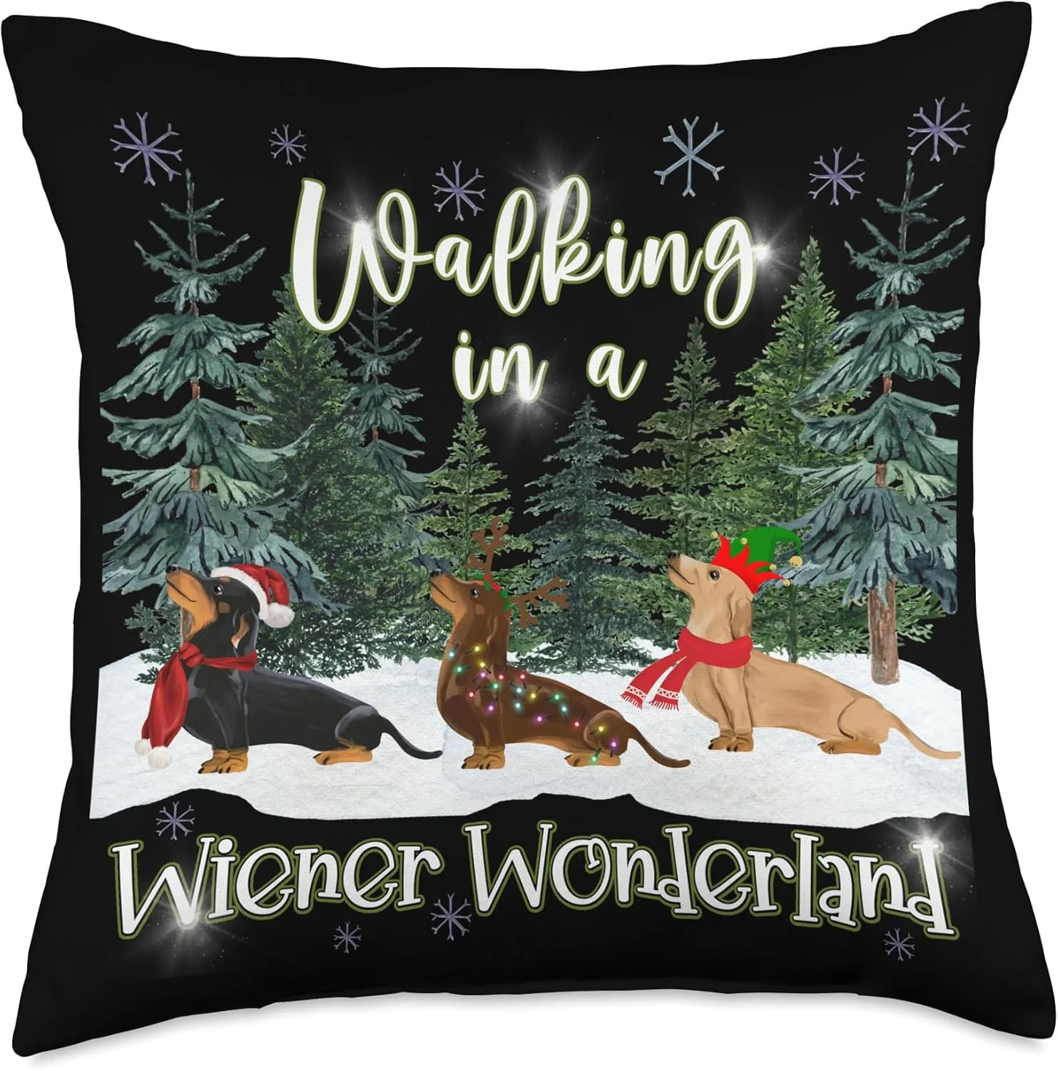 Walking In A Wiener Wonderland Dachshund Trio Throw Pillow