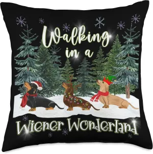 Walking In A Wiener Wonderland Dachshund Trio Throw Pillow