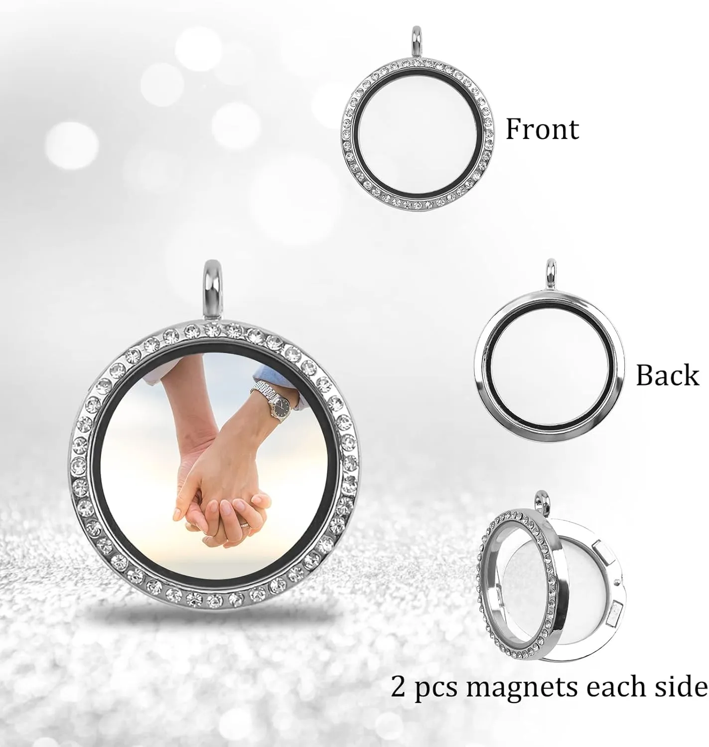 WANDIC Rhinestone Photo Charm, 4 Pcs Silver Round Wedding Bouquet Photo Charms Crystal Photo Pendant Double Sided Memory Lockets for Pictures