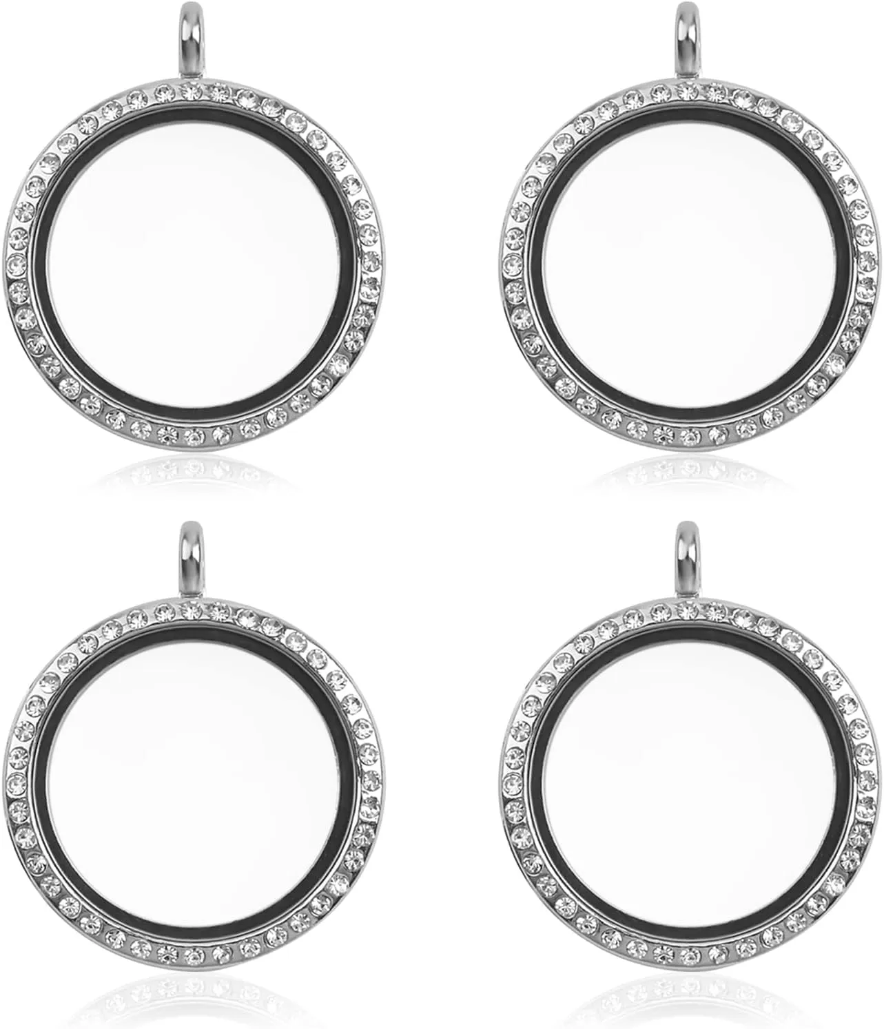WANDIC Rhinestone Photo Charm, 4 Pcs Silver Round Wedding Bouquet Photo Charms Crystal Photo Pendant Double Sided Memory Lockets for Pictures