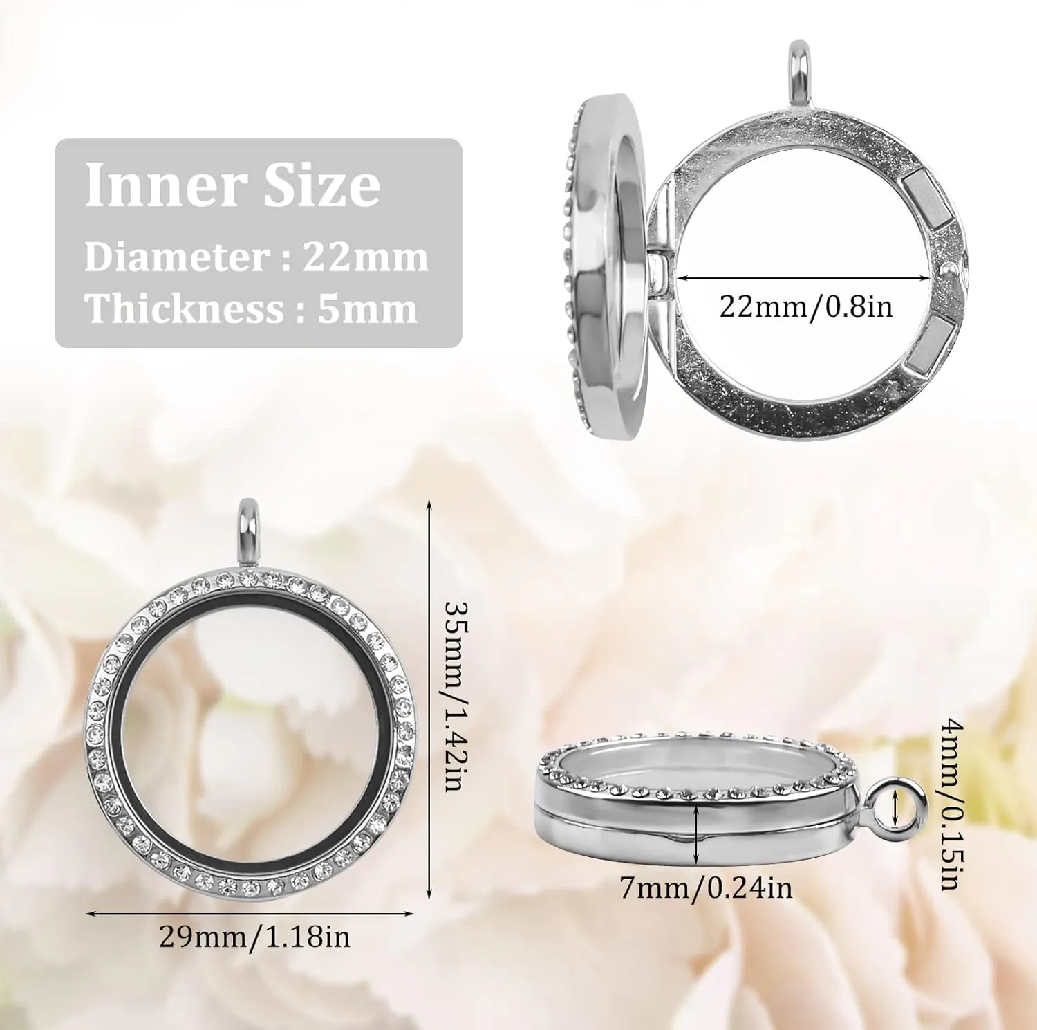 WANDIC Rhinestone Photo Charm, 4 Pcs Silver Round Wedding Bouquet Photo Charms Crystal Photo Pendant Double Sided Memory Lockets for Pictures