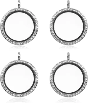 WANDIC Rhinestone Photo Charm, 4 Pcs Silver Round Wedding Bouquet Photo Charms Crystal Photo Pendant Double Sided Memory Lockets for Pictures