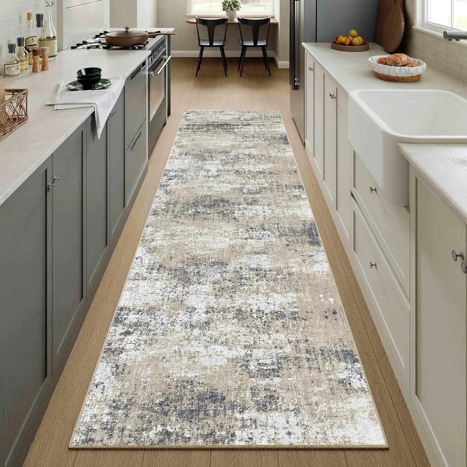 Washable Brown Runner Rug 2x6 Modern Abstract Hallway Carpet Neutral Soft Long Kitchen Runner Low Pile Non Slip Indoor Throw Rug for Entryway Bathroom Bedroom Laundry Living Room