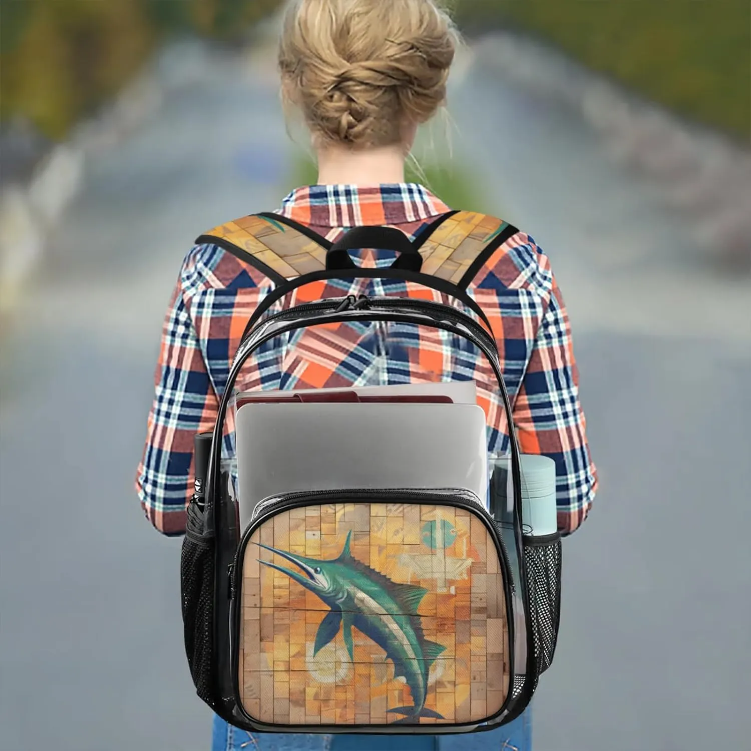 Water Swordfish Wall Clear Backpack for Stadium Events Heavy Duty Transparent Daypack PVC See Through Clear BookBag for for Women Men Adults Concerts Work Festival Sports Travel