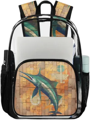Water Swordfish Wall Clear Backpack for Stadium Events Heavy Duty Transparent Daypack PVC See Through Clear BookBag for for Women Men Adults Concerts Work Festival Sports Travel