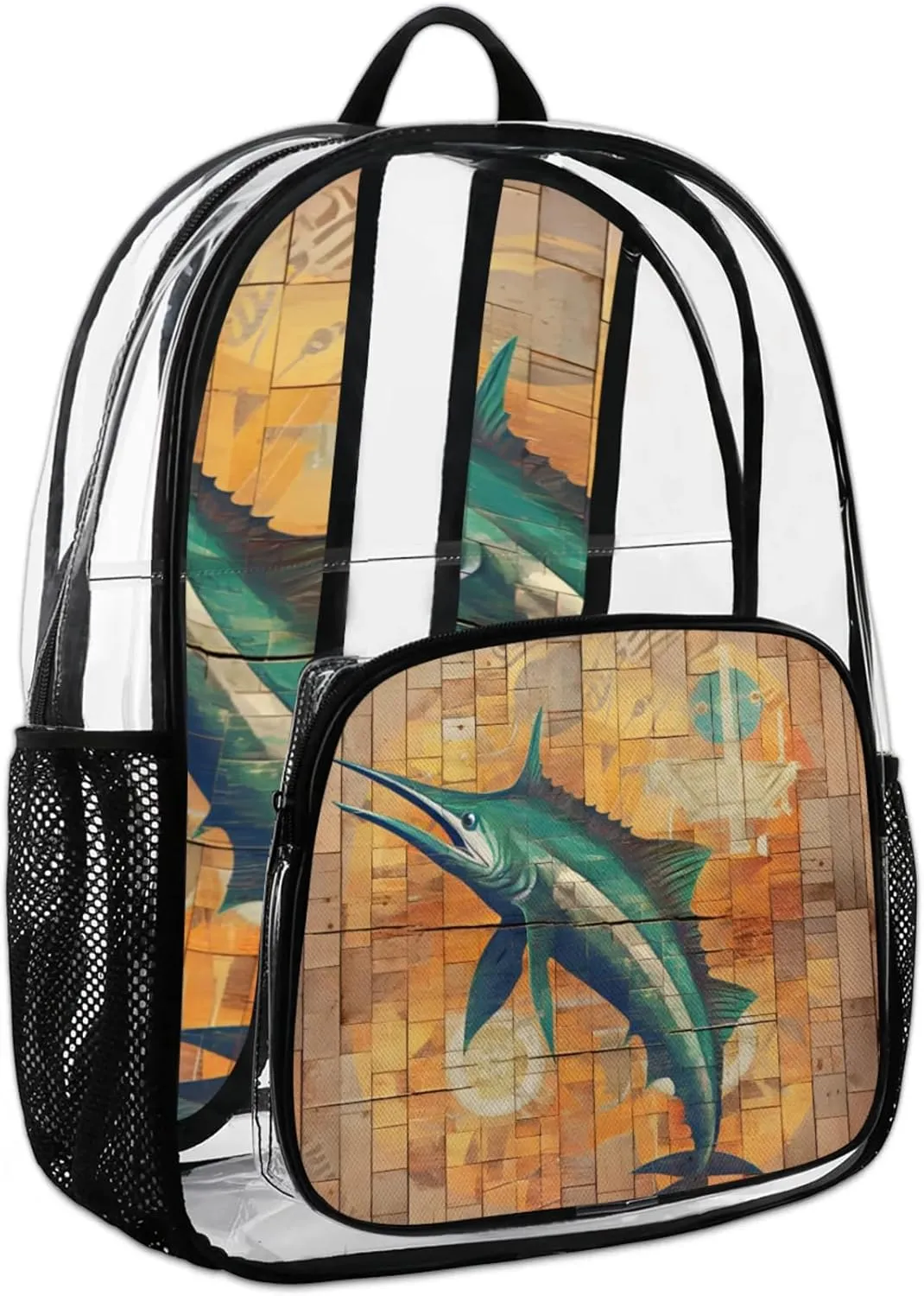 Water Swordfish Wall Clear Backpack for Stadium Events Heavy Duty Transparent Daypack PVC See Through Clear BookBag for for Women Men Adults Concerts Work Festival Sports Travel