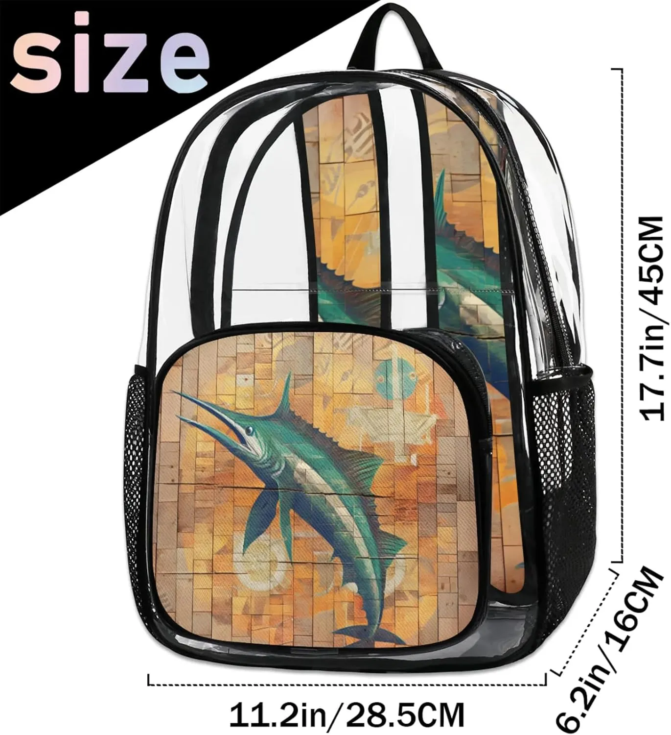 Water Swordfish Wall Clear Backpack for Stadium Events Heavy Duty Transparent Daypack PVC See Through Clear BookBag for for Women Men Adults Concerts Work Festival Sports Travel