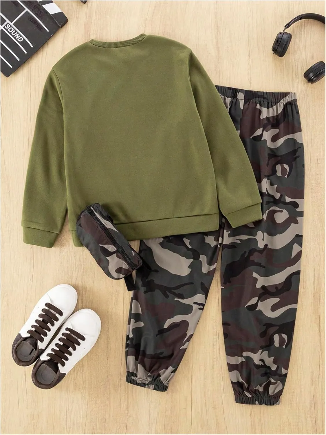 WDIRARA Boy's 3 Piece Outfits Camo Print Sweatsuit Crewneck Sweatshirt Cargo Sweatpants Set with Crossbody Bag