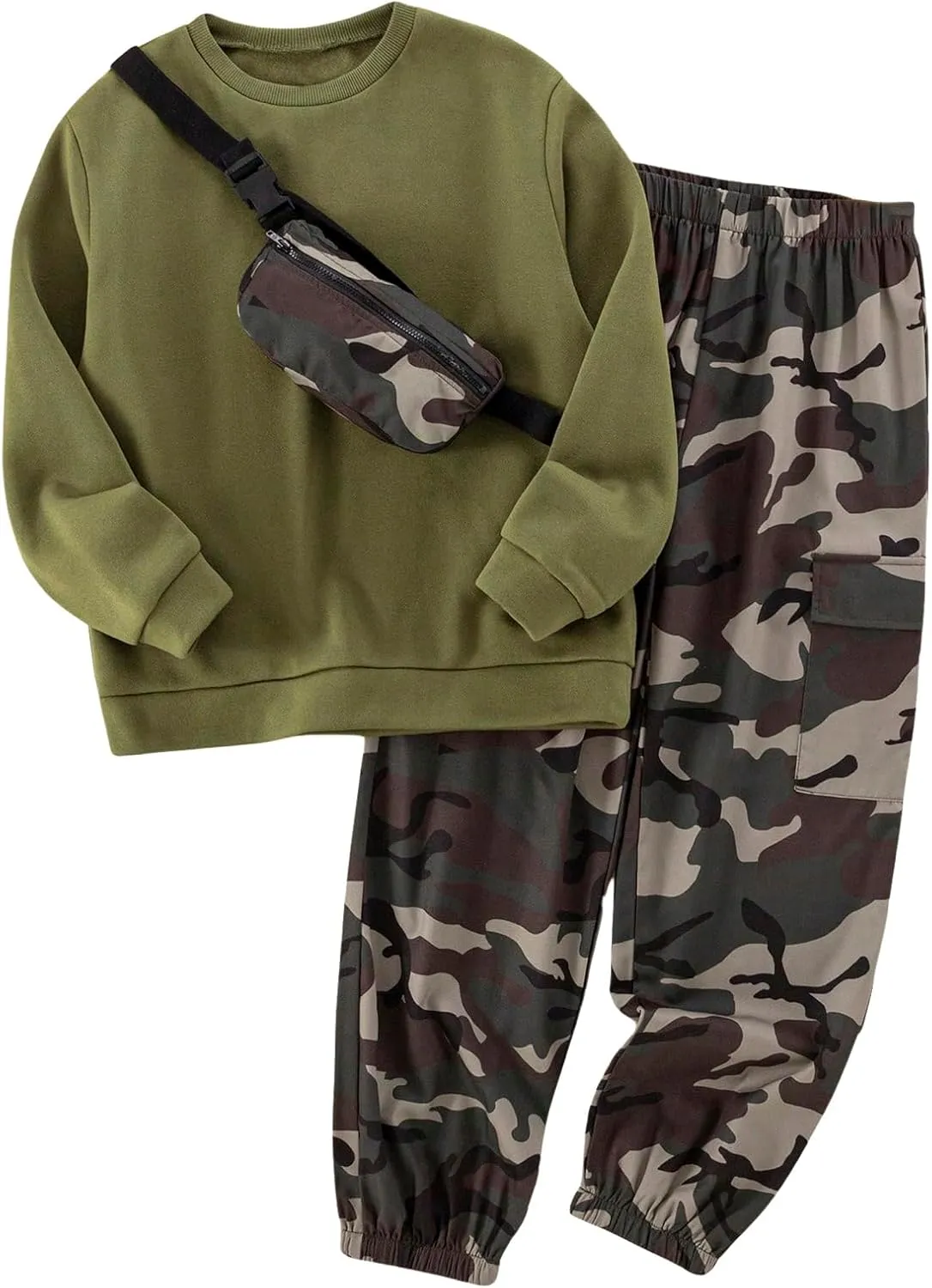 WDIRARA Boy's 3 Piece Outfits Camo Print Sweatsuit Crewneck Sweatshirt Cargo Sweatpants Set with Crossbody Bag
