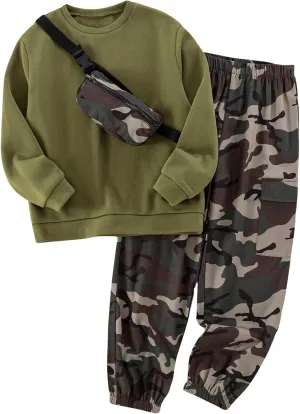 WDIRARA Boy's 3 Piece Outfits Camo Print Sweatsuit Crewneck Sweatshirt Cargo Sweatpants Set with Crossbody Bag
