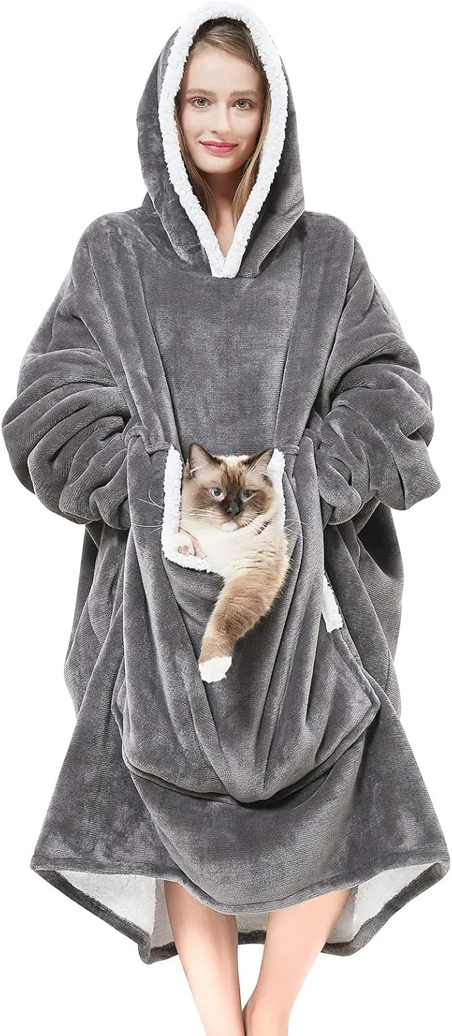 Wearable Blanket Hoodie with Giant Pocket （Pet Won't Leave） Extra Soft Sherpa Fleece Thick Warm ＆ Cozy Oversized Sweatshirt Blanket Jacket with Sleeves Gifts for Adult Men Women - Grey