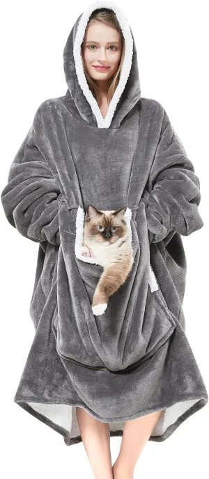 Wearable Blanket Hoodie with Giant Pocket （Pet Won't Leave） Extra Soft Sherpa Fleece Thick Warm ＆ Cozy Oversized Sweatshirt Blanket Jacket with Sleeves Gifts for Adult Men Women - Grey
